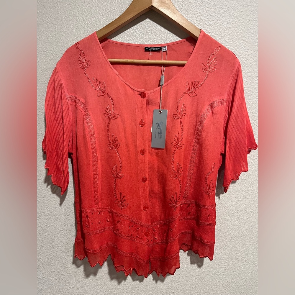 Lapogee Bohemian Indie Festival Flowy Ombré Coral Pink Button Up Blouse Large